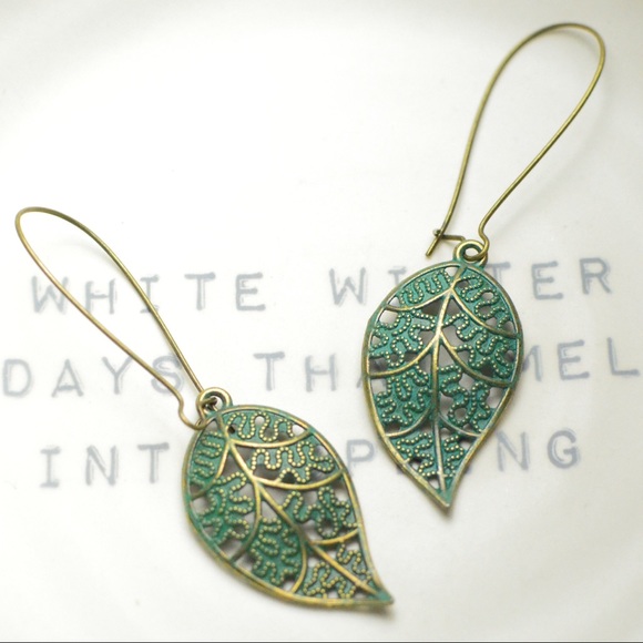 Boho Vintage Effect Swirly Leaf Drop Earrings - Picture 3 of 5